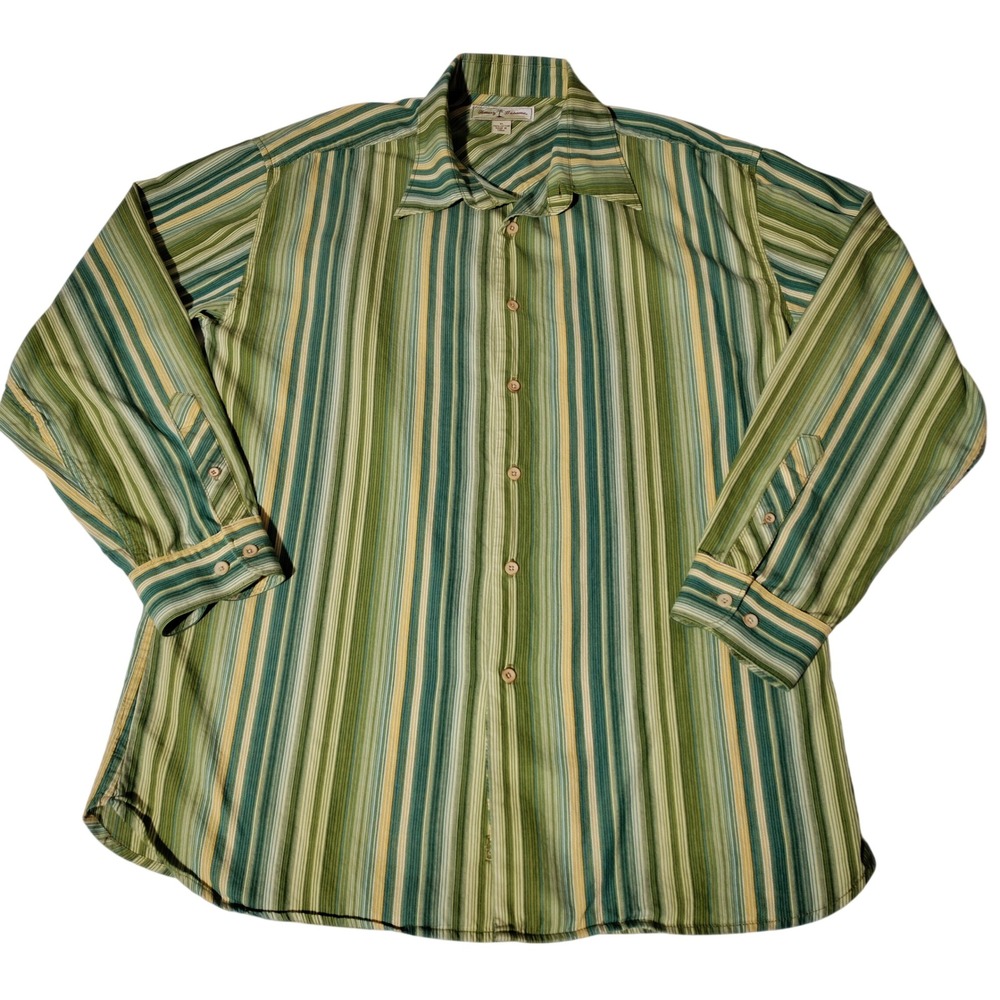 Tommy Bahama Mens XL Green Yellow Striped Cotton Long Sleeve Button Down Shirt